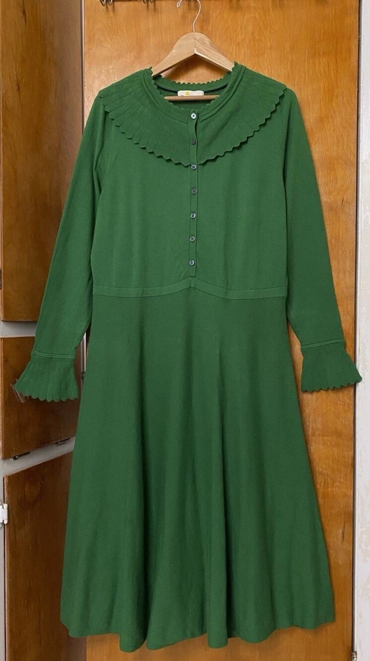 Boden Abercorn Knit Conifer Green Dress Scalloped Collar Retro 30s Plus Size 16